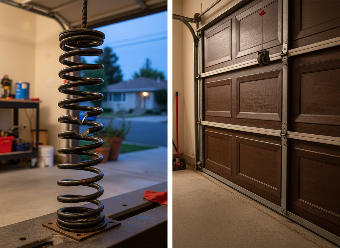 Can I lift a door with a broken spring? Avoid trying to lift it. A broken spring can make the door difficult to control, and the spring itself should not be han