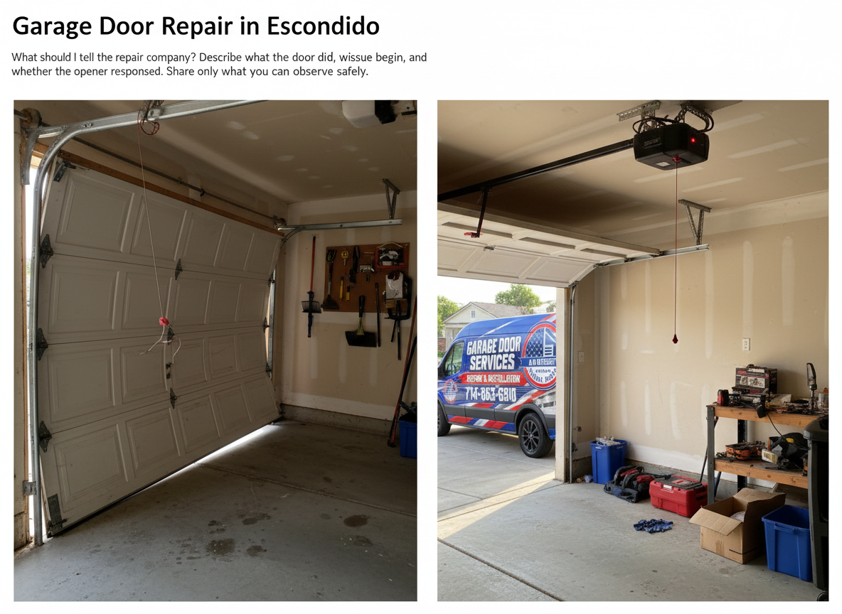What should I tell the repair company? Describe what the door did, when the issue began, and whether the opener responded. Share only what you can observe safel