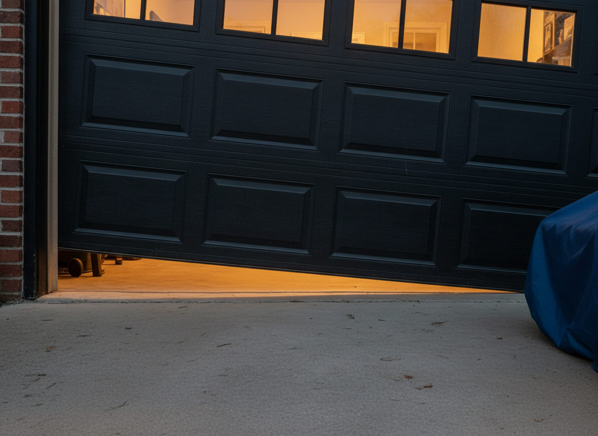 What should I do if my garage door is crooked or stuck? Stop using it and keep clear of the door. Avoid trying to force it back onto its track or adjust its cab