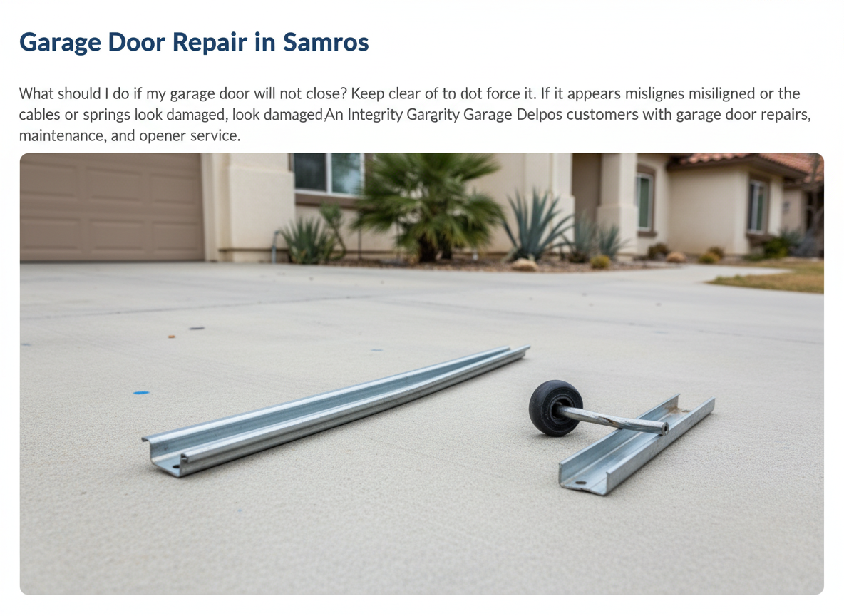 What should I do if my garage door will not close? Keep clear of the door and do not force it. If it appears misaligned or the cables or springs look damaged, l